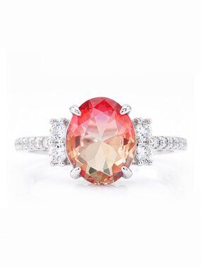 Oval cut peach anf pink gemstone ring, 925 Sterling Silver Charmed Aroma